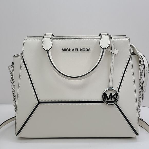 Michael Kors Prism Saffiano Leather Satchel Shoulder Bag White Purse 12 " - Picture 2 of 11